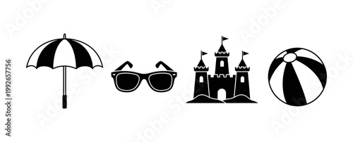 Summer vacation icons featuring a beach umbrella, sunglasses, a sandcastle, and a beach ball for travel and leisure