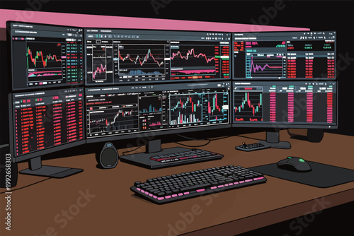 Traders monitor stock market data on multiple screens in an office setup during the trading day