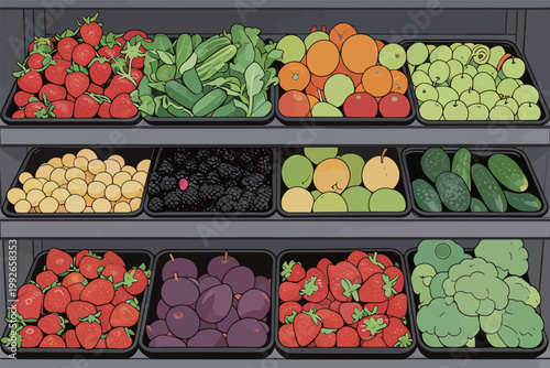 Fresh fruits and vegetables arranged on shelves in a grocery store during daytime shopping hours