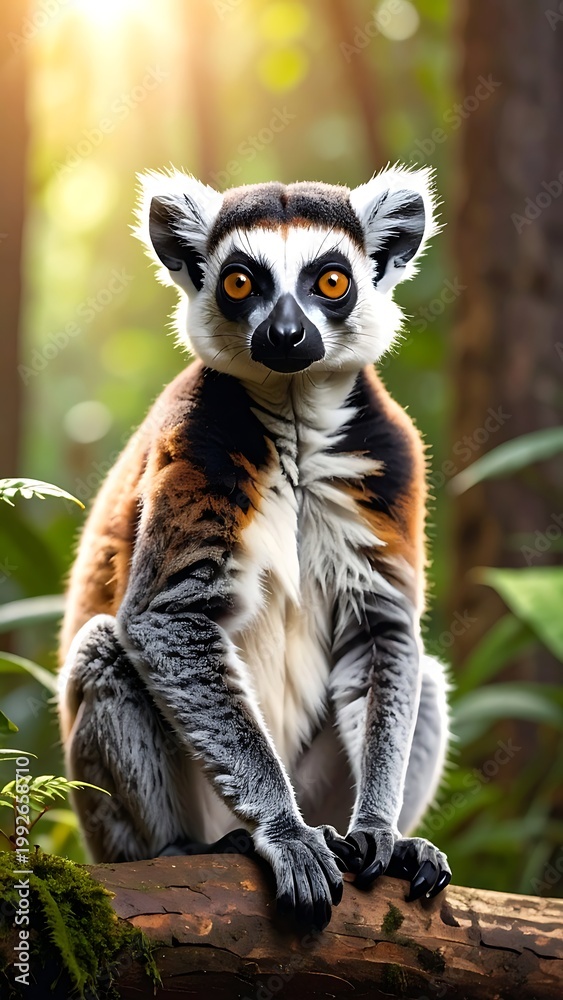 Fototapeta premium A lemur sits on a tree branch in a forest