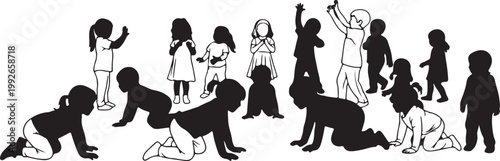 Flat vector set of teachers and children engaged in diverse educational activities like reading, geography, drawing, and playing blocks on a white background.
