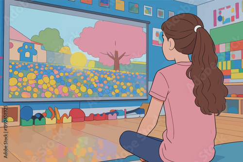 Young girl watches a colorful scene through a window in a bright room with art and toys during the day