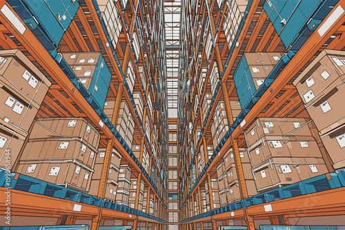 Warehouse with shelves full of boxes in a storage facility during daylight