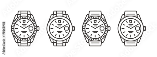 ラグジュアリースタイルの日付表示つき高級腕時計アイコンイラスト　メタルブレスレットと革ベルトのバリエーション