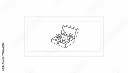 Open sewing kit with threads, needles, buttons, and scissors in a wooden box