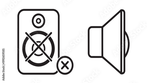 Mute speaker icon with a cross symbol indicating no sound or silent mode, alongside a simple volume control graphic, perfect for digital interfaces and user experience designs.