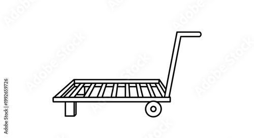 Outline of a flatbed trolley with handle and wheels, isolated on white background
