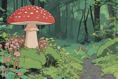 Mushroom stands tall among plants in a green forest during daylight with a winding path nearby