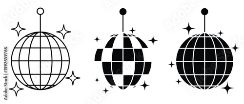 Disco ball icon concept. Disco Ball party symbol. Disco ball Line and solid style. Dance club Ball icons collection. Vector illustration.