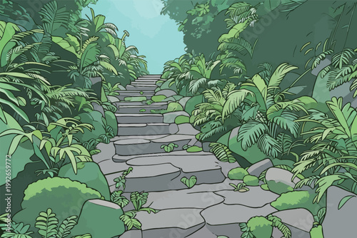 Stone steps lead through lush vegetation on a sunny day in a tropical forest setting