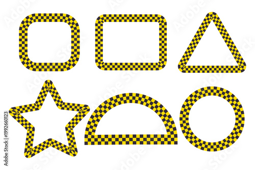 Racing checkered flag frames, set of 6 yellow and black geometric border shapes, checkered pattern frames for sports and automotive design