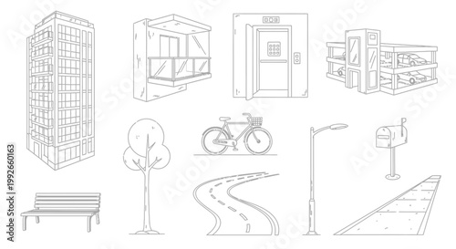 Set of urban infrastructure and city life line art icons and sketches
