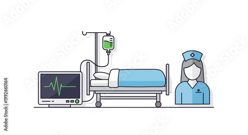 Hospital room with patient, IV drip, monitor and nurse