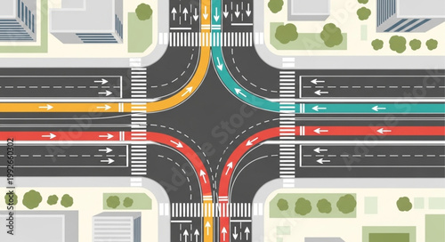 Busy intersection with colorful traffic lanes and crosswalks.