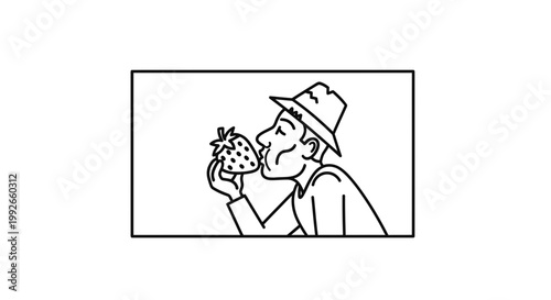 Man in Hat Kisses Strawberry, Enjoying Fresh Fruit, Healthy Lifestyle