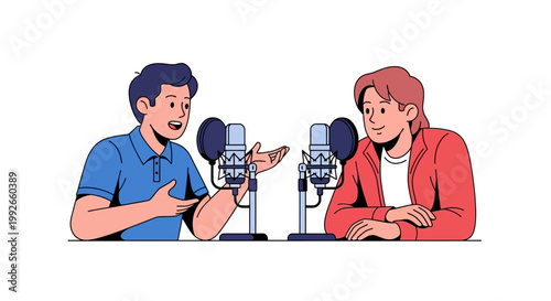 Two people talking in a recording studio.