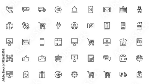 Ecommerce icon set. Online shopping vector icons pack. Includes symbols for shopping cart, delivery, discount, wallet, website and more. Editable stroke.