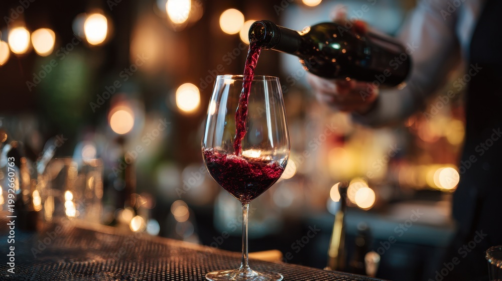 Obraz premium Bartender Pouring Red Wine in Dimly Lit Bar with Elegant Evening Ambiance.