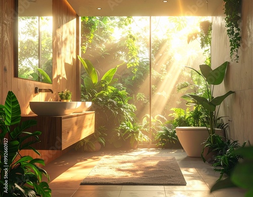 ジャングルのような緑豊かな植物と木製洗面台が調和する癒やしのモダンなトイレ空間