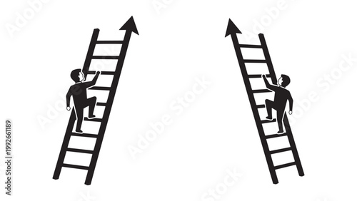 Silhouetted figures climbing ladders with upward arrows, representing ambition, progress, and the challenging journey towards achieving business goals and success.