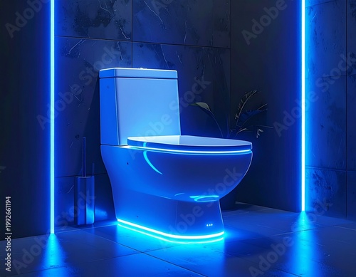 青いLED照明がスタイリッシュに光る近未来的なデザインの最新スマートトイレ