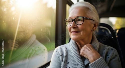 Elderly woman enjoying a peaceful moment during a train journey with a serene view outside.
