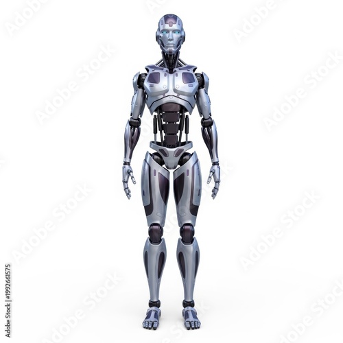 Futuristic humanoid robot with sleek metallic design standing upright against a plain background isolated on white background