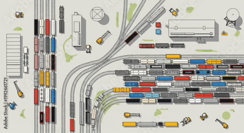 Aerial view of a busy train yard with many freight cars and tracks.