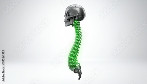Human Spine with Green Vertebrae and Skull.