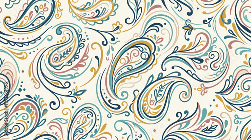 Intricate colorful paisley pattern texture with swirling teardrops and ornamental motifs.