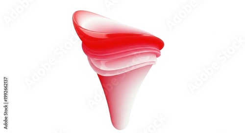 Abstract geometric shape resembling a translucent, layered funnel with gradient red tones isolated on white background