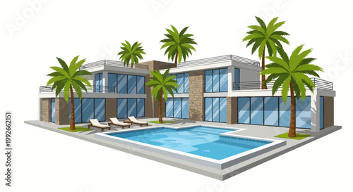 Contemporary Luxury Villa with Stone Accents and Sun Loungers