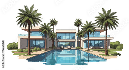 Luxury Tropical Villa with Large Swimming Pool and Palm Trees