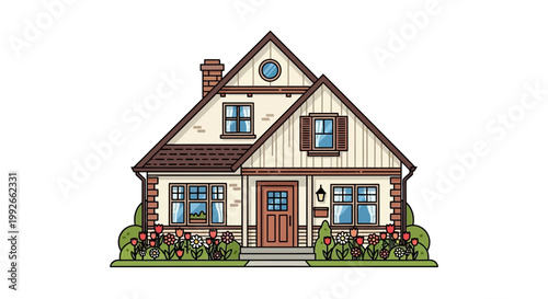 Classic Two-Story Suburban Family House with Flower Garden