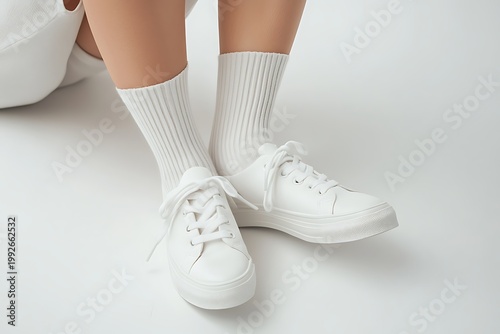 Clean White Sneakers and Socks on a Persons Feet.