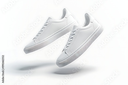 Clean white sneakers floating in the air, minimalist design, modern footwear.