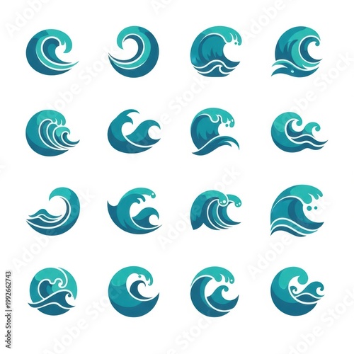 A collection of stylized wave icons in varying shapes and forms isolated on white background