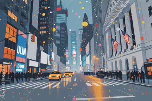City street scene in New York with yellow taxis, buildings, and colorful confetti during a busy evening time