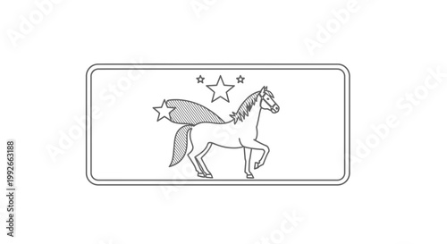 Whimsical Horse with Star Tail and Wings, Fantasy Creature, Outline Art, Emblem Style