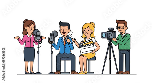 a group of people working in film production.