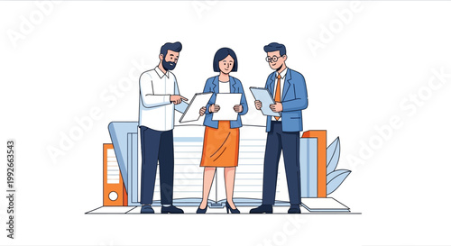 Business people discussing documents together.