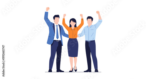 Business people celebrating with raised hands.