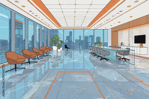 Modern office space with large windows and city view during daylight hours