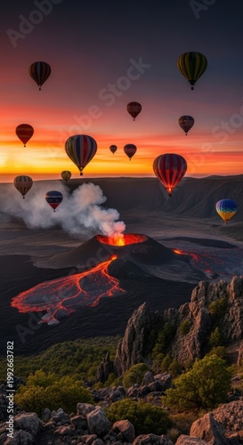 Hot air balloons gliding over a serene sunset landscape at dusk isolated on white background