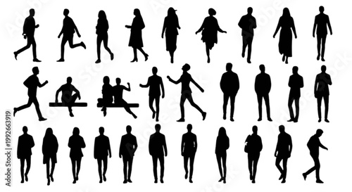 Diverse silhouettes of people in various dynamic poses isolated on transparent background, Vector