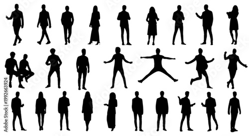 Diverse silhouettes of people in various dynamic poses isolated on transparent background, Vector