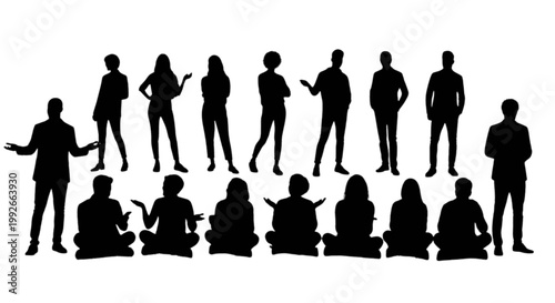 Group of diverse individuals standing and sitting together isolated on transparent background, Vector