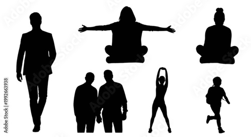 Silhouettes of people in various dynamic poses isolated on transparent background, Vector