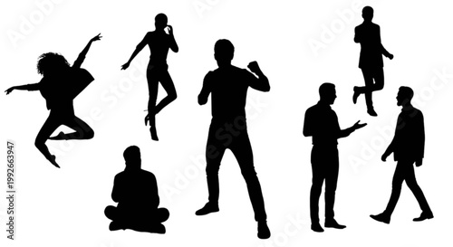 Diverse silhouettes of people in dynamic poses isolated on transparent background, Vector