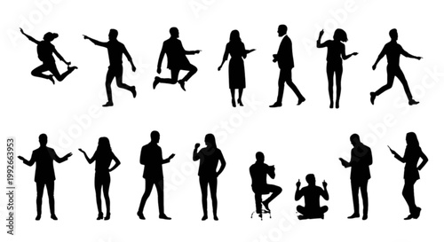 Diverse silhouettes of people in dynamic action poses isolated on transparent background, Vector